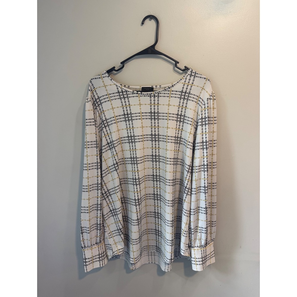 Ann Taylor Factory Womens XL Plaid Long Sleeve Blouse White Black Yellow Top